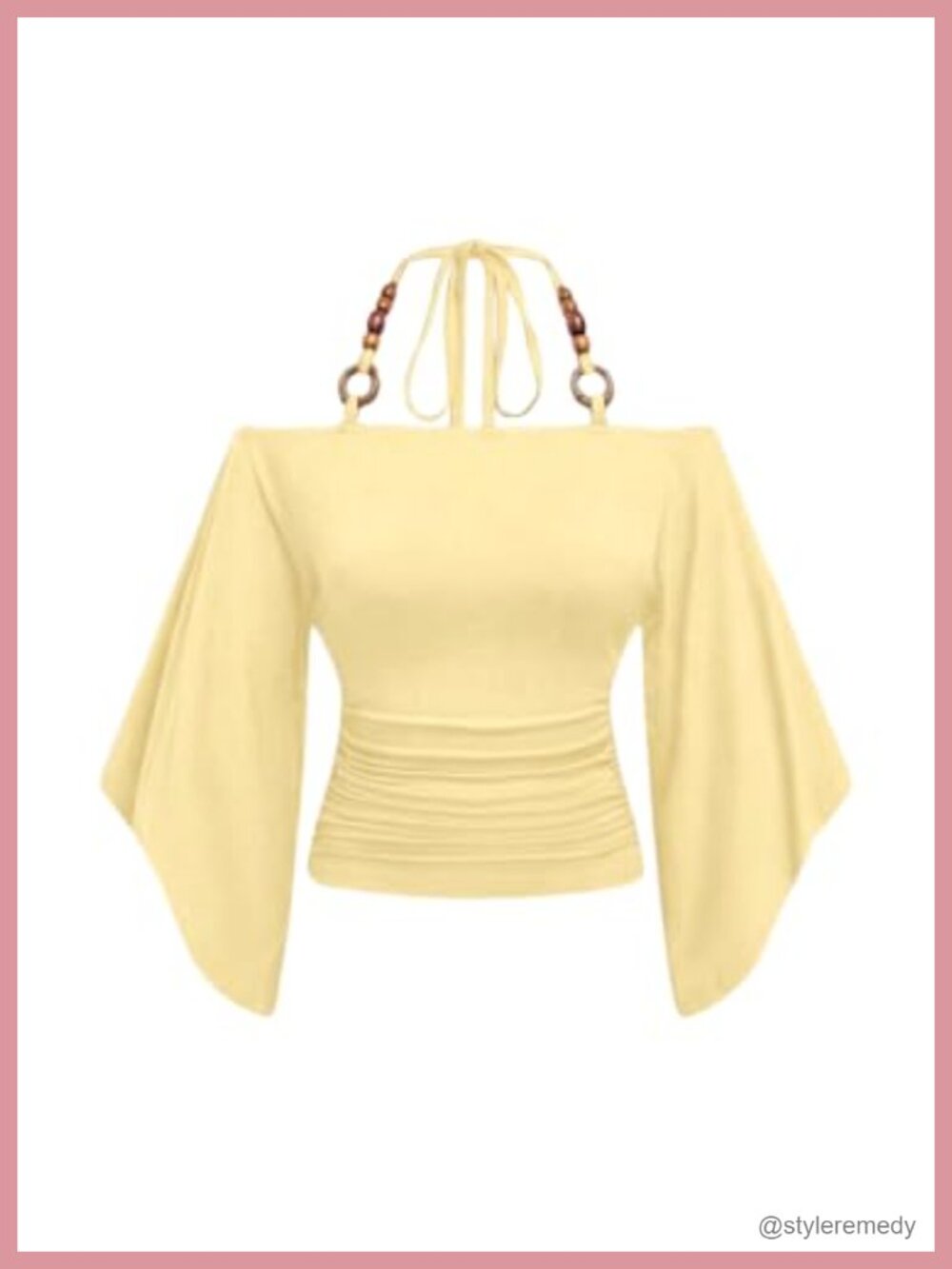 Off Shoulder Halter Top Cinched Waist Ruched Beaded Half Sleeve Party Top
